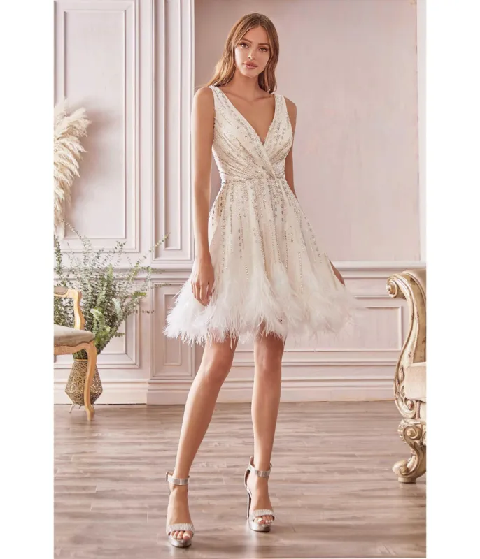 Ladivine by Cinderella Divine White Rhinestone & Feather Hem Bridal Mini Dress made by Unique Vintage