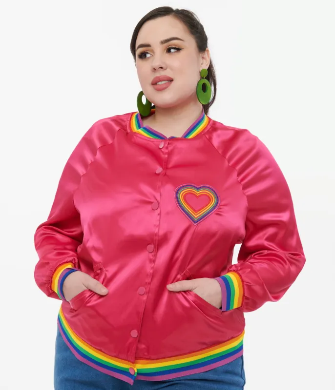 Unique Vintage Plus Size Hot Pink & Rainbow Pride Satin Bomber Jacket made by Unique Vintage
