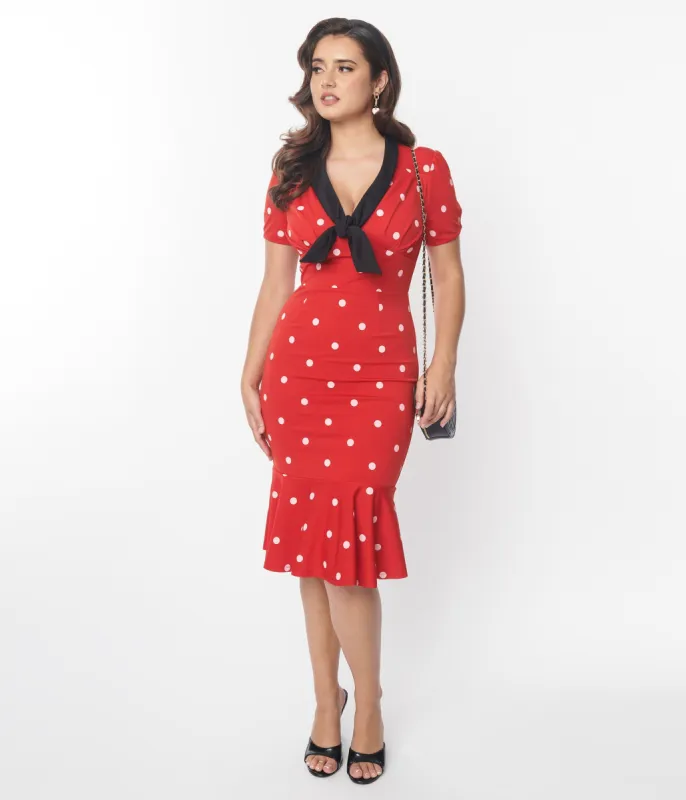 Unique Vintage Red & White Polka Dot Neck Tie Wiggle Dress sold by Unique Vintage