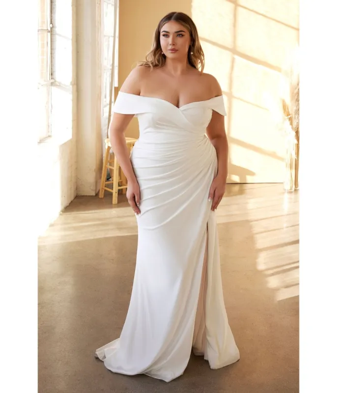 Ladivine by Cinderella Divine Plus Size White Off The Shoulder Jersey Bridal Gown sold by Unique Vintage