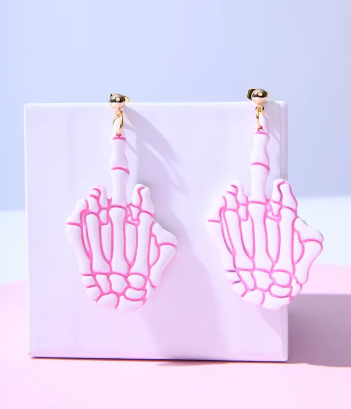 White & Pink Middle Finger Skeleton Earrings sold by Unique Vintage