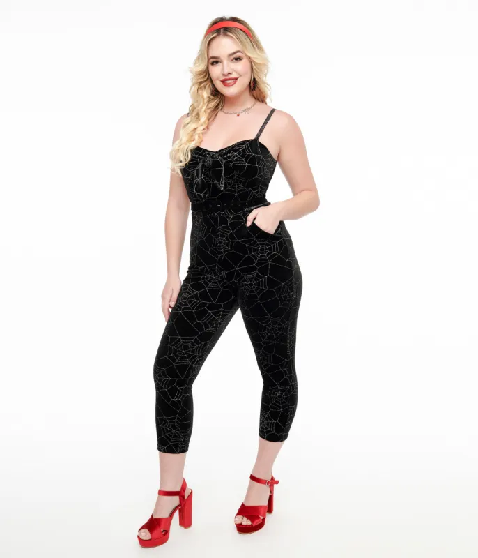 Unique Vintage 1950s Black Velvet & Silver Web Cropped Jumpsuit sold by Unique Vintage