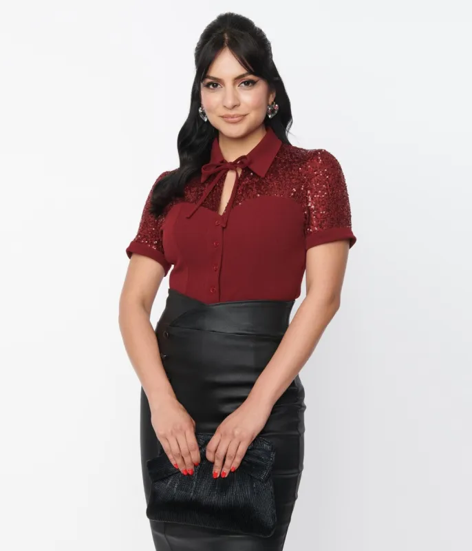Unique Vintage Burgundy Sequin Addison Blouse sold by Unique Vintage