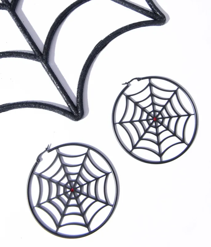 Sourpuss Black Spiderweb Hoop Earrings sold by Unique Vintage