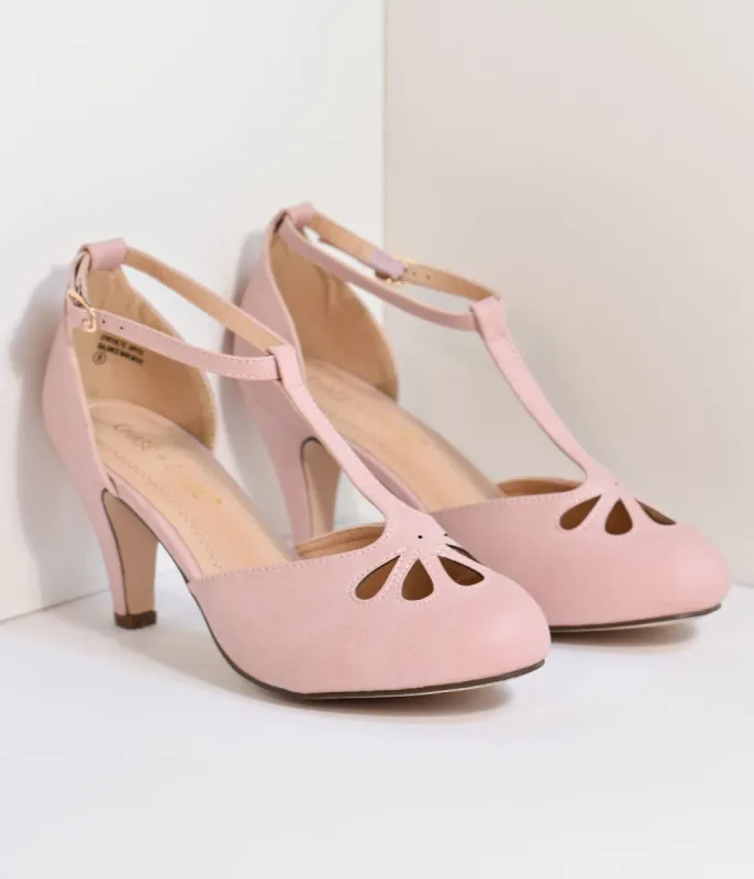 Rose Pink T-Strap Cut Out Kitten Heels sold by Unique Vintage