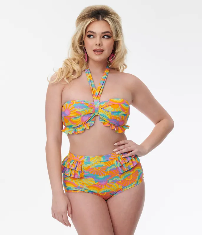 Unique Vintage Happy Groovy Rainbow Twist Front Halter Swim Top sold by Unique Vintage