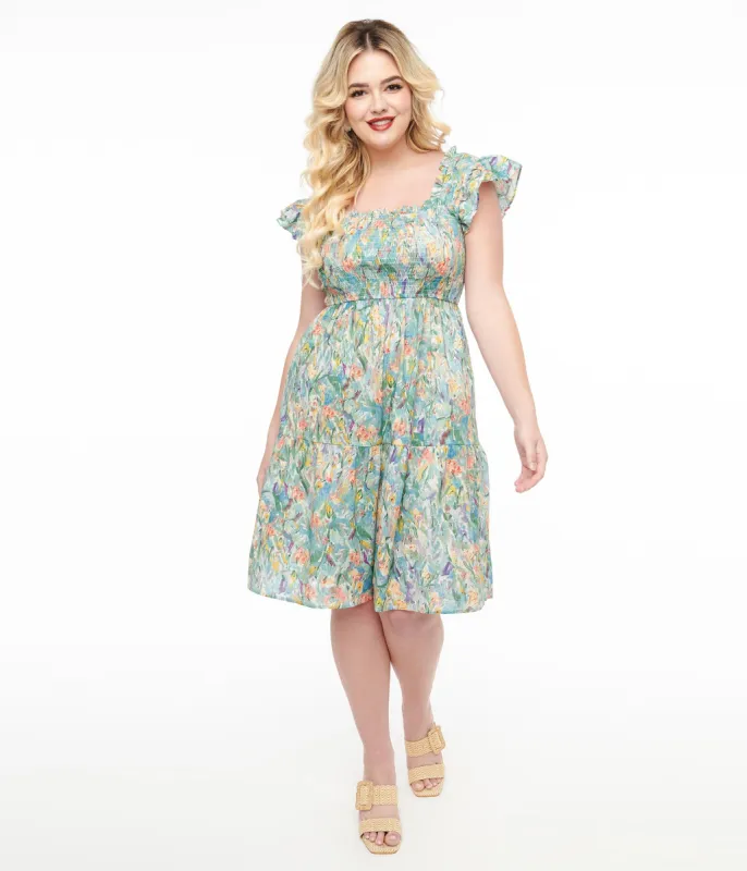 Multicolor Floral Painting Cotton Flare Dress sold by Unique Vintage