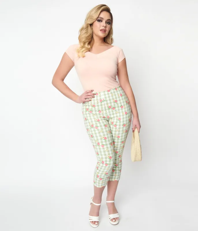 Unique Vintage Light Green Gingham & Peaches Rachelle Capri Pants sold by Unique Vintage
