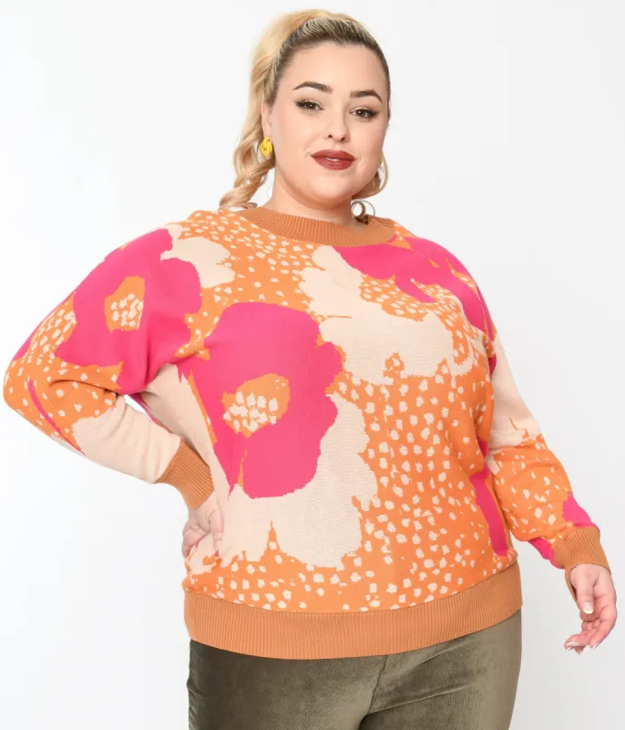 Plus Size 1970s Rust Orange & Fuchsia Floral Knit Sweater sold by Unique Vintage