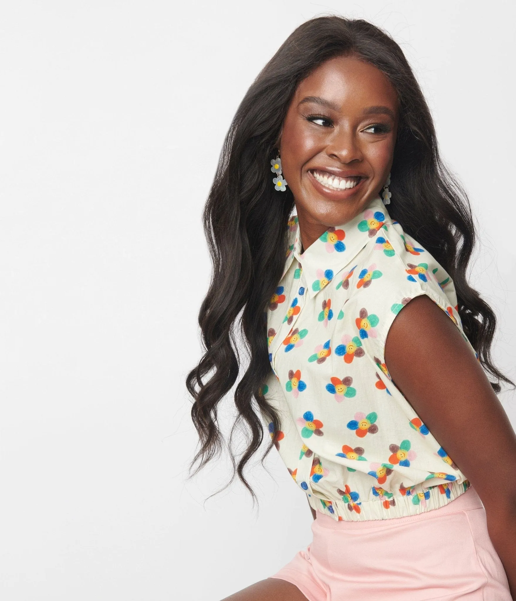 Ivory & Multicolor Happy Daisies Sleeveless Top sold by Unique Vintage product image thumbnail 3