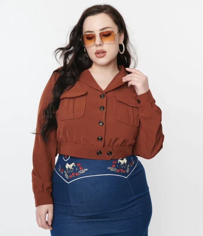 Hell Bunny 1970s Brown Ravenwood Crop Jacket sold by Unique Vintage