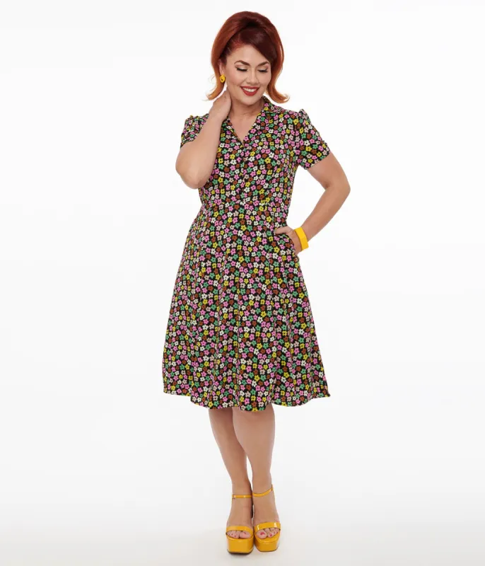 1950s Black & Multicolor Flower Print Fit & Flare Dress sold by Unique Vintage