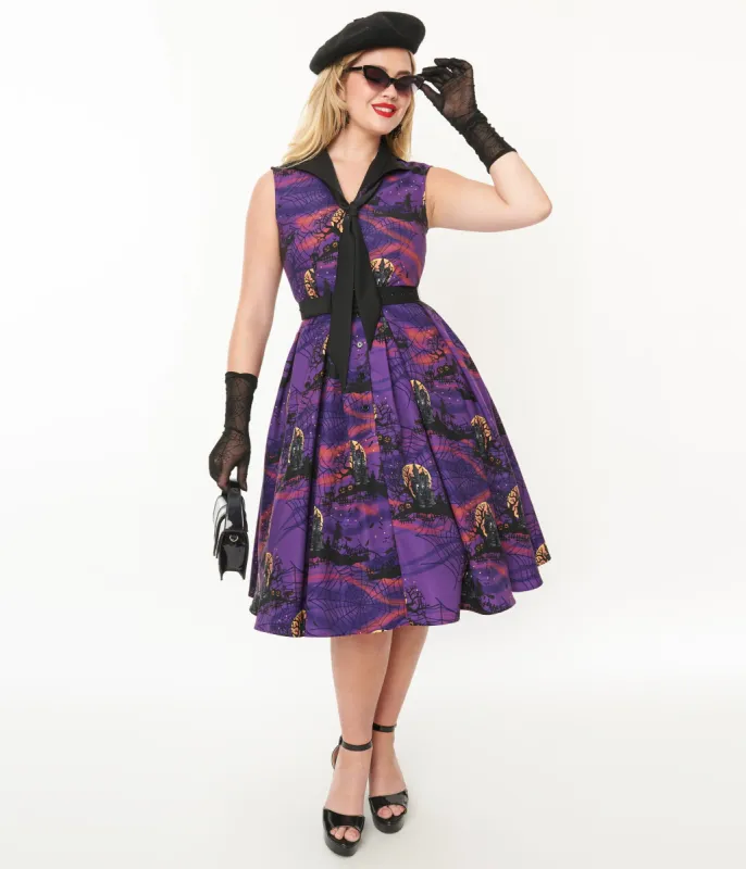 Unique Vintage 1950s Purple Halloween Print Edith Swing Dress sold by Unique Vintage