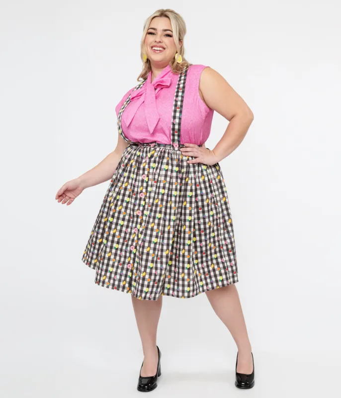 Hell Bunny Plus Size 1950s Black & White Gingham & Fruit Cotton Pinafore Swing Skirt sold by Unique Vintage