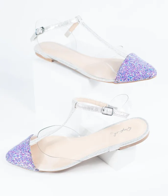 Lilac Purple Glitter & Clear Vinyl T-Strap Flats sold by Unique Vintage