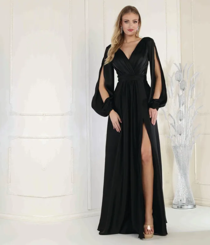 Black Satin Long Sleeve Goddess Gown sold by Unique Vintage