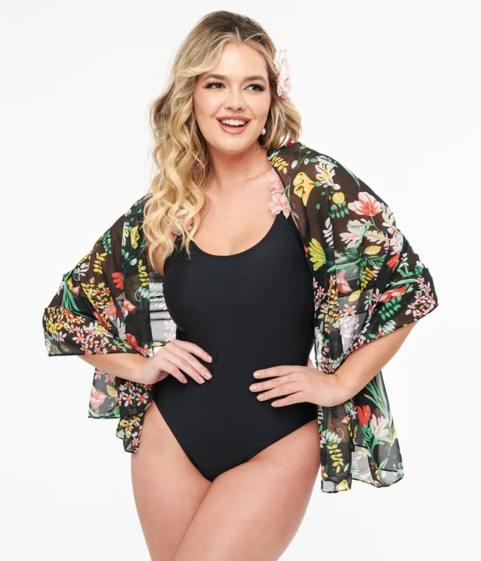 Black & Floral Print Beach Shawl sold by Unique Vintage