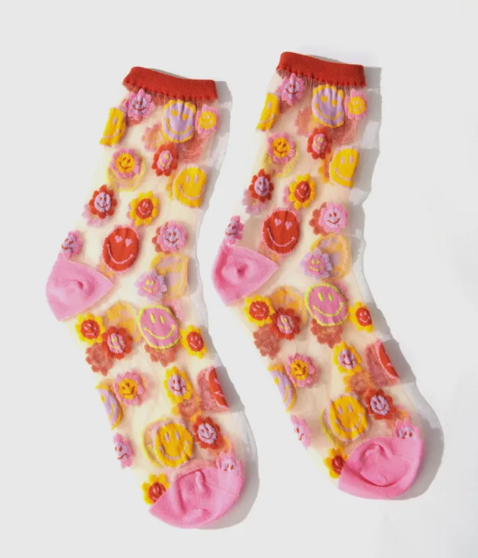 Smiley Daisy Sheer Crew Socks sold by Unique Vintage