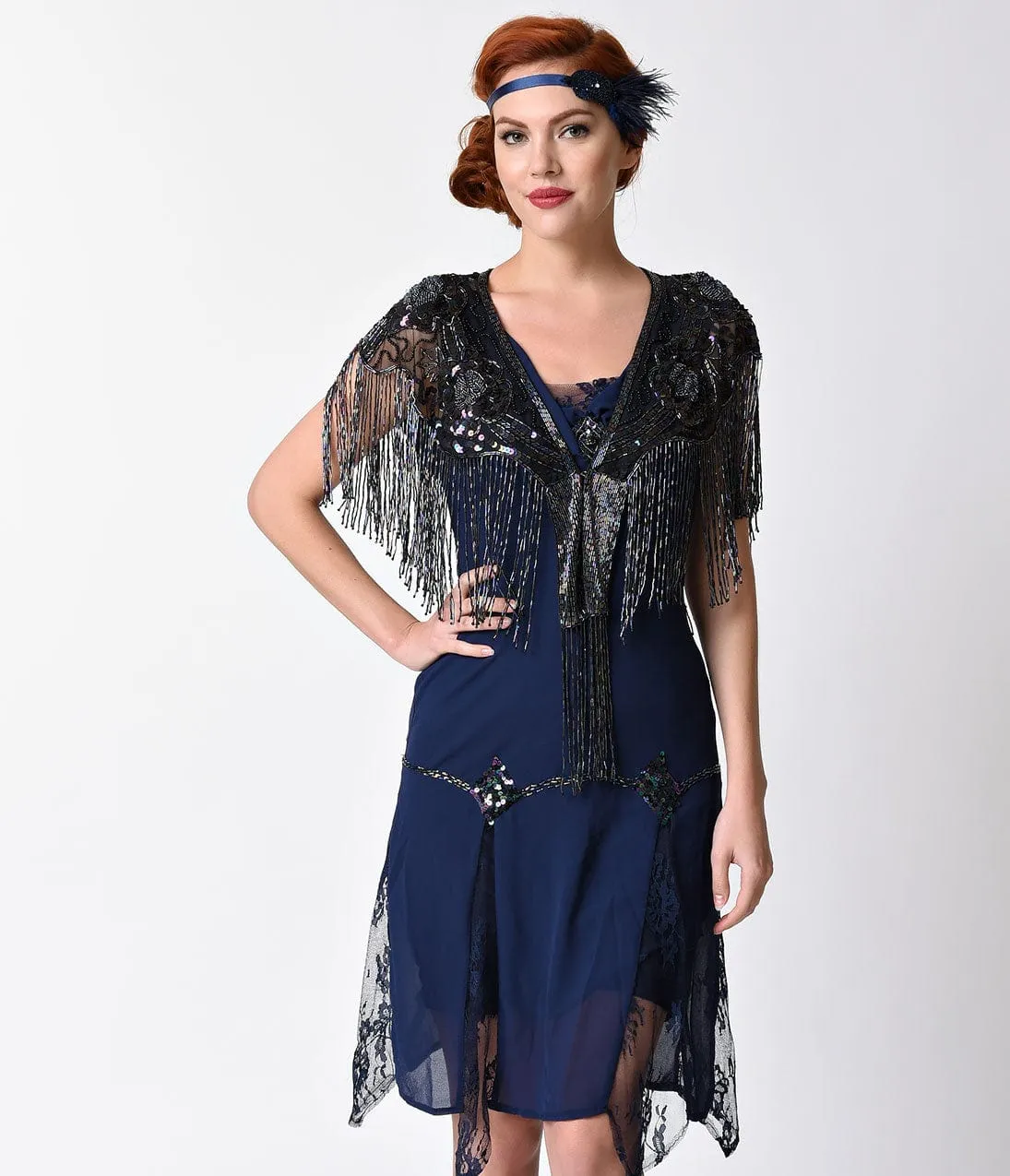 1920s Style Metallic Black Sheen Deco Rose Beaded Fringe Shawl sold by Unique Vintage