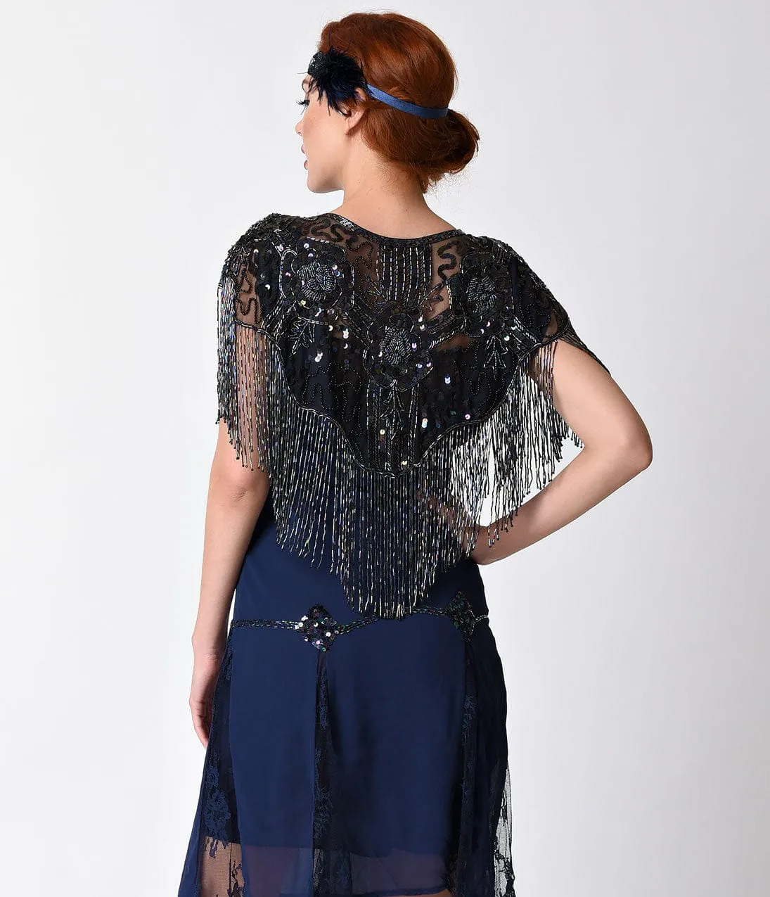 1920s Style Metallic Black Sheen Deco Rose Beaded Fringe Shawl sold by Unique Vintage product image thumbnail 2