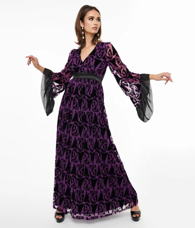 Disney Princess collection by Unique Vintage Plus Size Purple & Black  Velvet Burnout Maleficent Print Maxi Dress | Parallel
