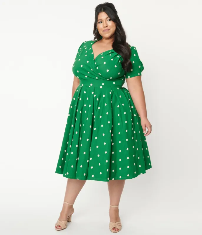 Unique Vintage Plus Size Green Polka Dot Lucille Swing Dress sold by Unique Vintage