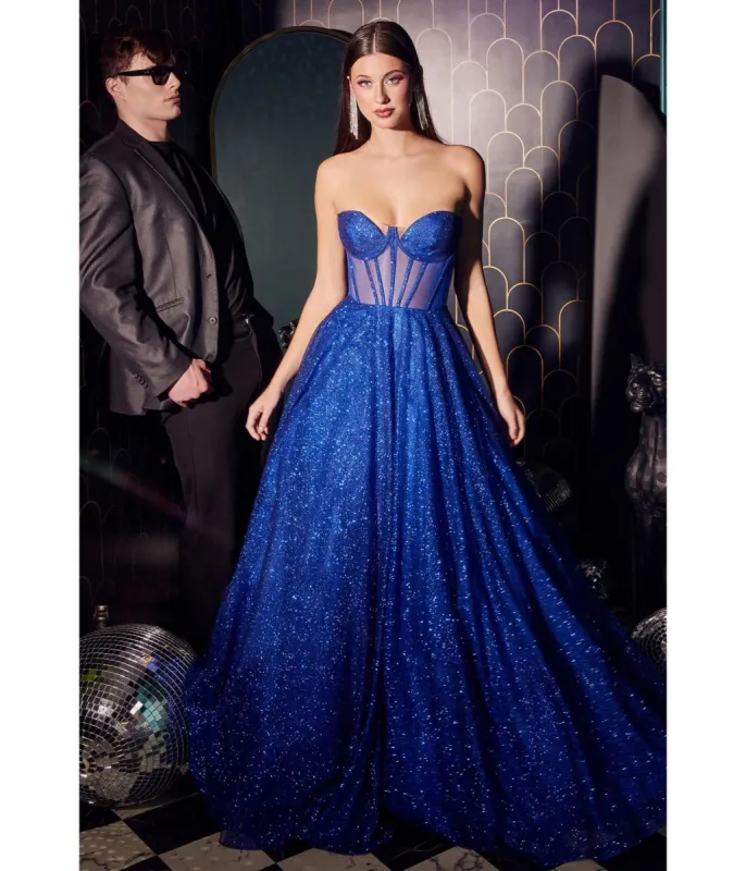 Cinderella Divine  Royal Blue Glitter Strapless Corset Prom Gown sold by Unique Vintage