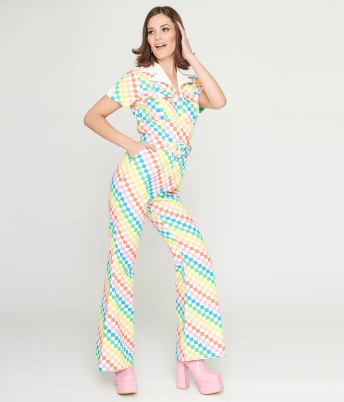 Smak Parlour 1970s Rainbow Check Flare Jumpsuit sold by Unique Vintage