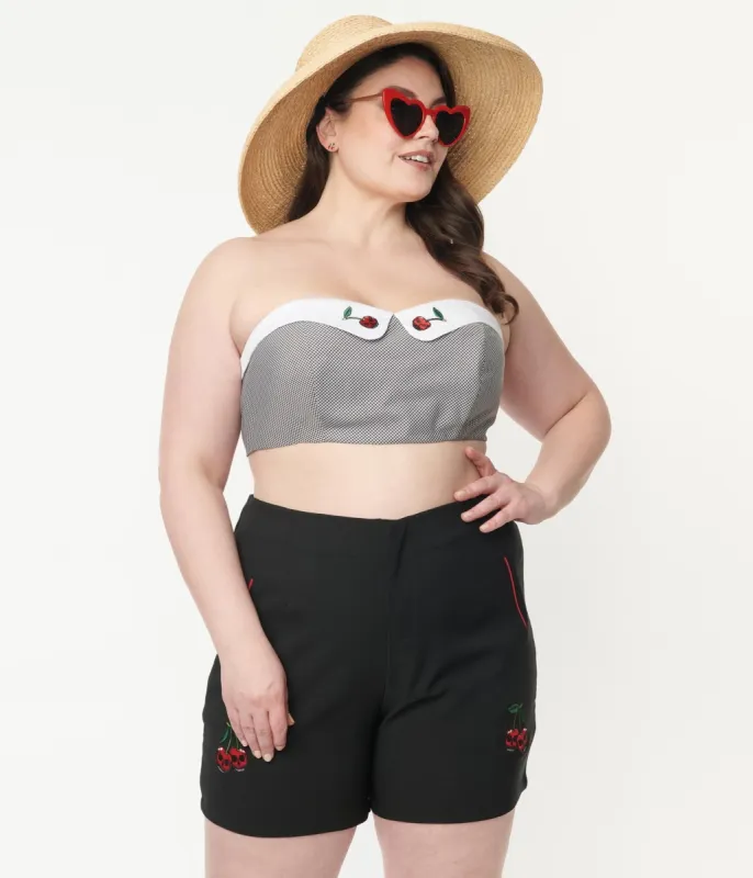 Plus Size Black Gingham & Cherry Skull Bandeau Crop Top sold by Unique Vintage