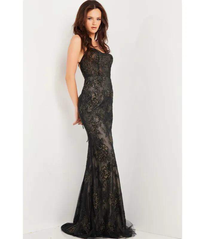 Jovani Black Beaded Lace Sheath Dress sold by Unique Vintage