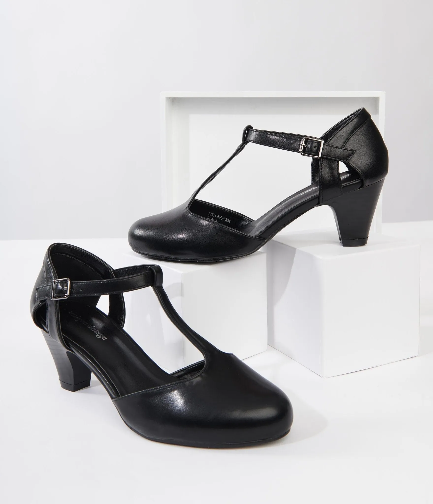 Unique Vintage 1920s Black Leatherette Closed Toe T-Strap Roxy Pumps sold by Unique Vintage