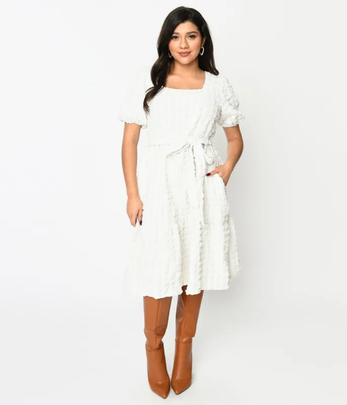 Ivory Textured Smock Fit & Flare Dress sold by Unique Vintage