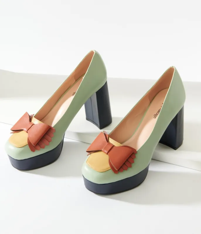 Unique Vintage 1970s Mint Bow Leatherette Platform Heels sold by Unique Vintage