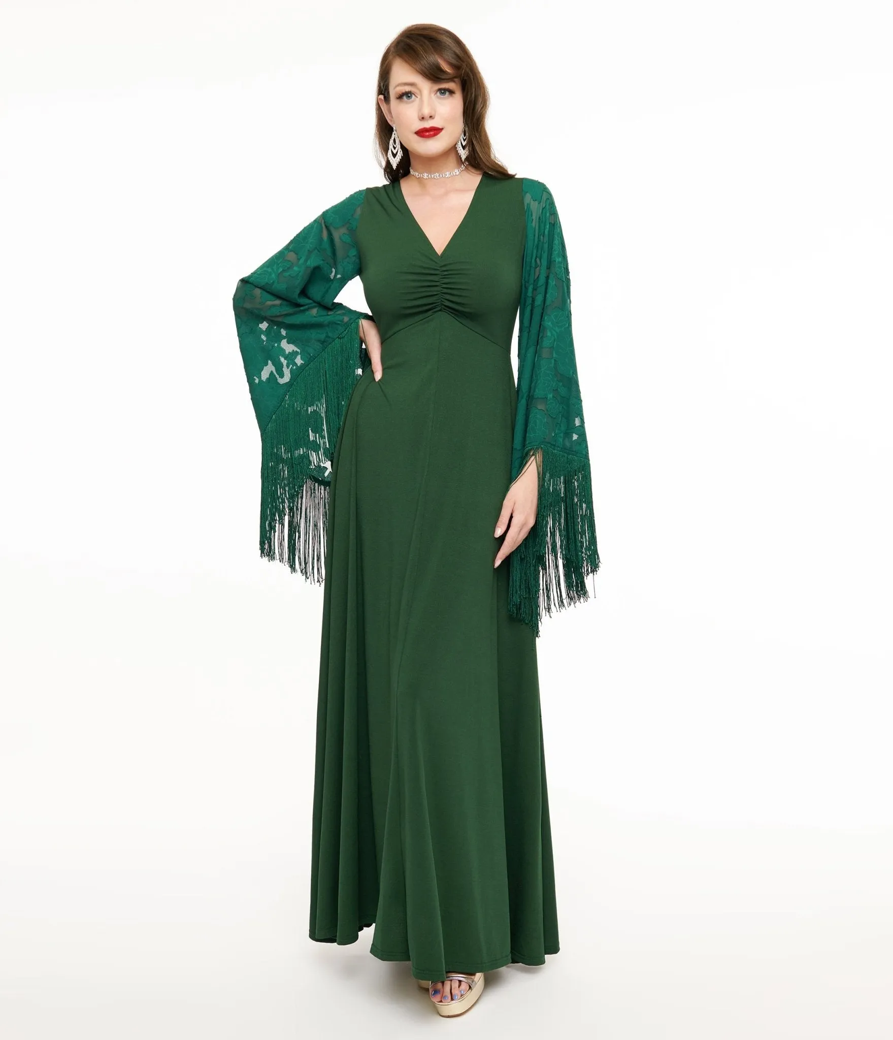 Smak Parlour 1970s Green Fringe Sleeve Stevie Maxi Dress sold by Unique Vintage product image thumbnail 3