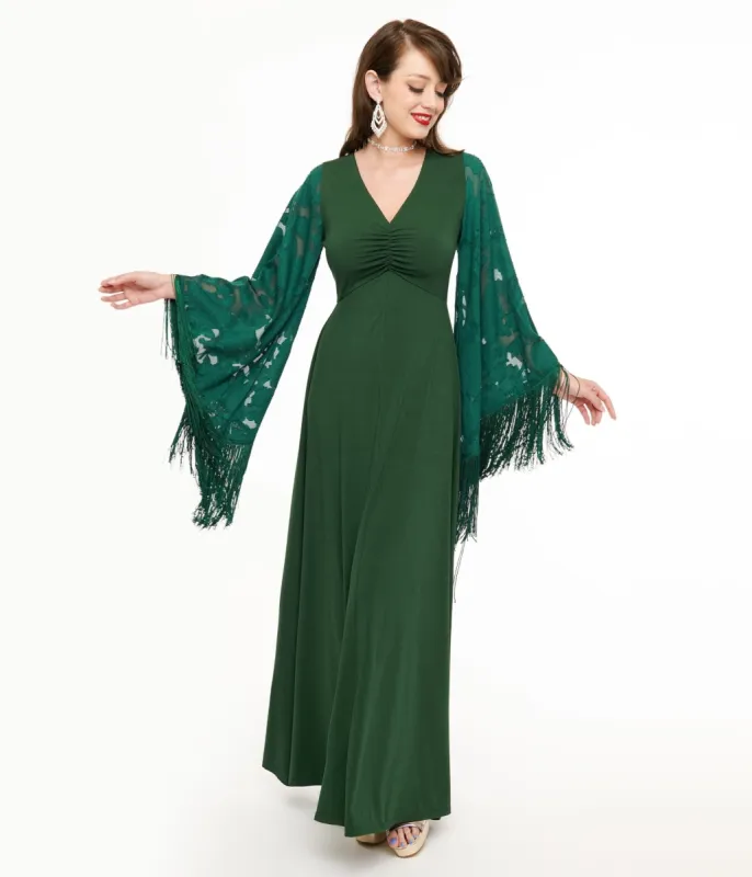 Smak Parlour 1970s Green Fringe Sleeve Stevie Maxi Dress sold by Unique Vintage