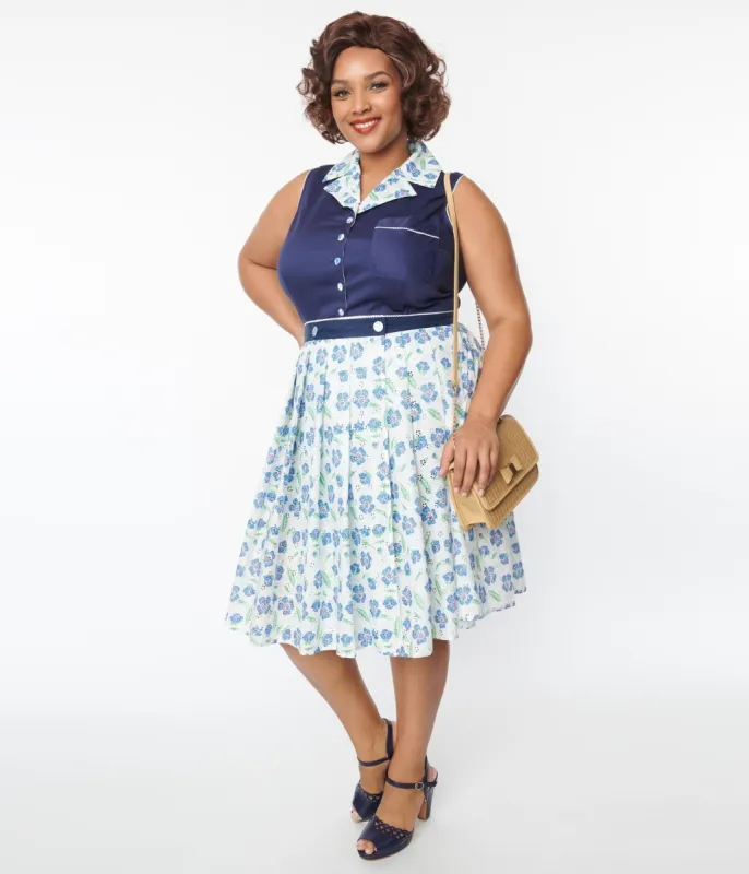 Unique Vintage Plus Size White & Blue Floral Eyelet Collins Wrap Swing Skirt sold by Unique Vintage