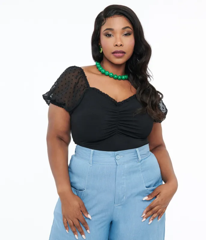 Unique Vintage Plus Size Black Clip Dot Chiffon Puff Sleeve Bodysuit sold by Unique Vintage