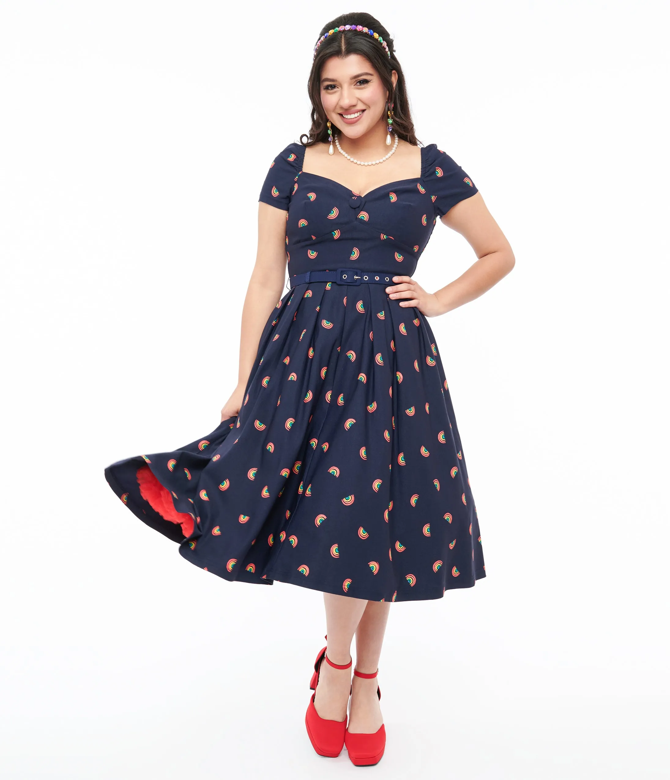 Unique Vintage 1950s Navy & Rainbow Stamp Midge Swing Dress sold by Unique Vintage