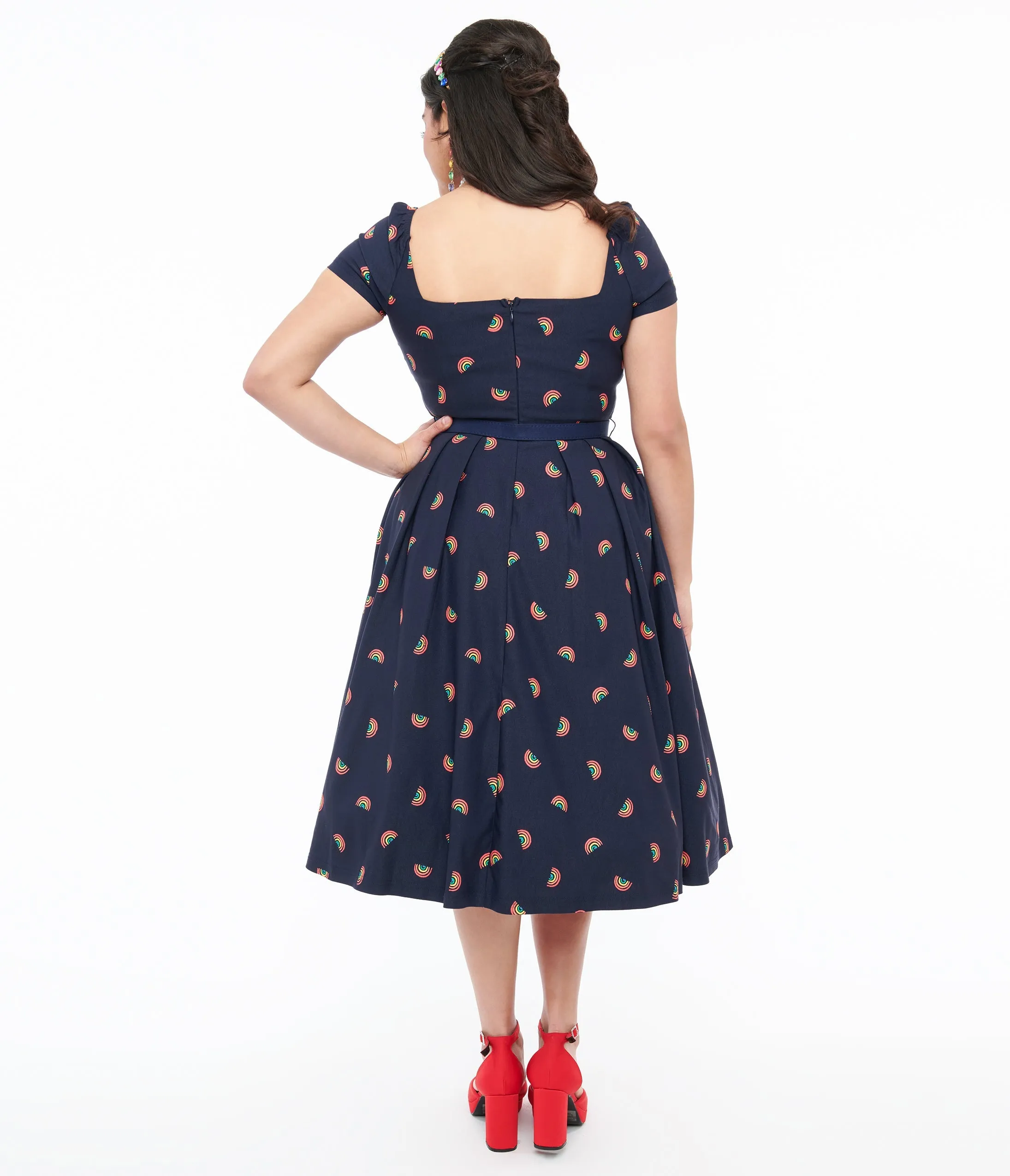 Unique Vintage 1950s Navy & Rainbow Stamp Midge Swing Dress sold by Unique Vintage product image thumbnail 3