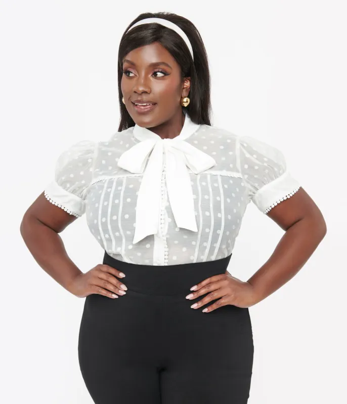 Unique Vintage Plus Size 1940s White Dot Tie Neck Blouse sold by Unique Vintage