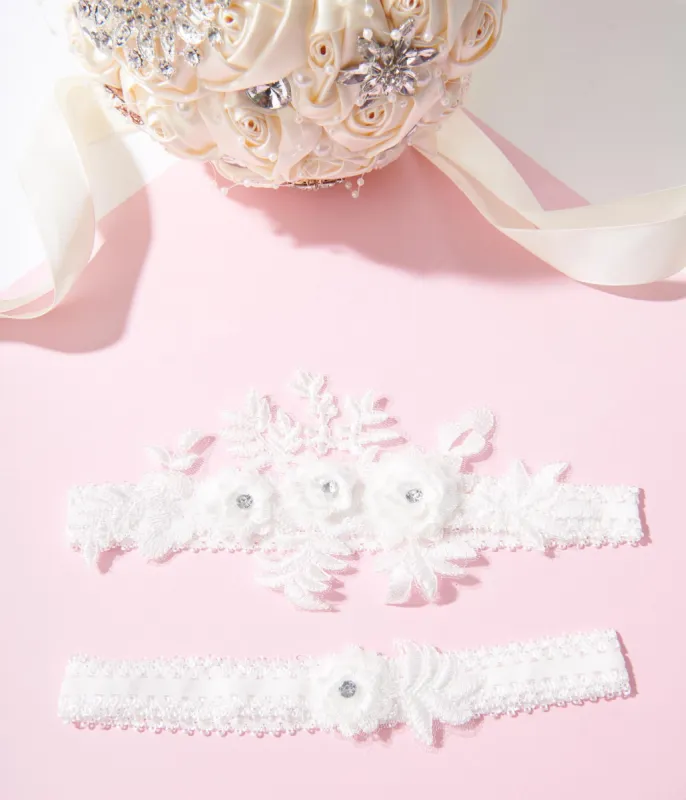 White Rhinestone Floral Garter Set sold by Unique Vintage