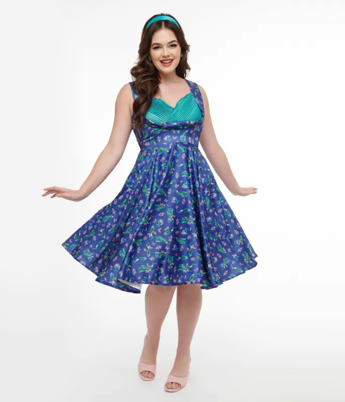 Dolly & Dotty 1950s Purple & Teal Peacock Print Grace Swing Dress sold by Unique Vintage
