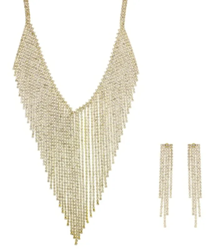 1920s Gold & Silver Rhinestone Fringe Necklace & Earrings Set sold by Unique Vintage