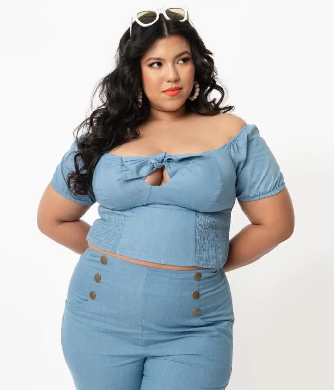 Unique Vintage Plus Size 1960s Chambray Blue Turner Crop Top made by Unique Vintage