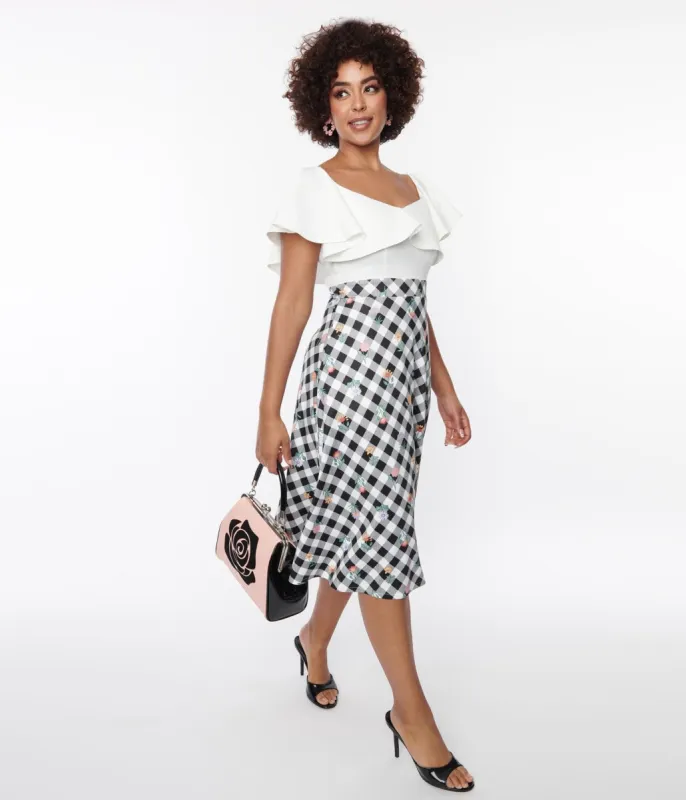 Unique Vintage Black & White Gingham Floral Swing Dress sold by Unique Vintage