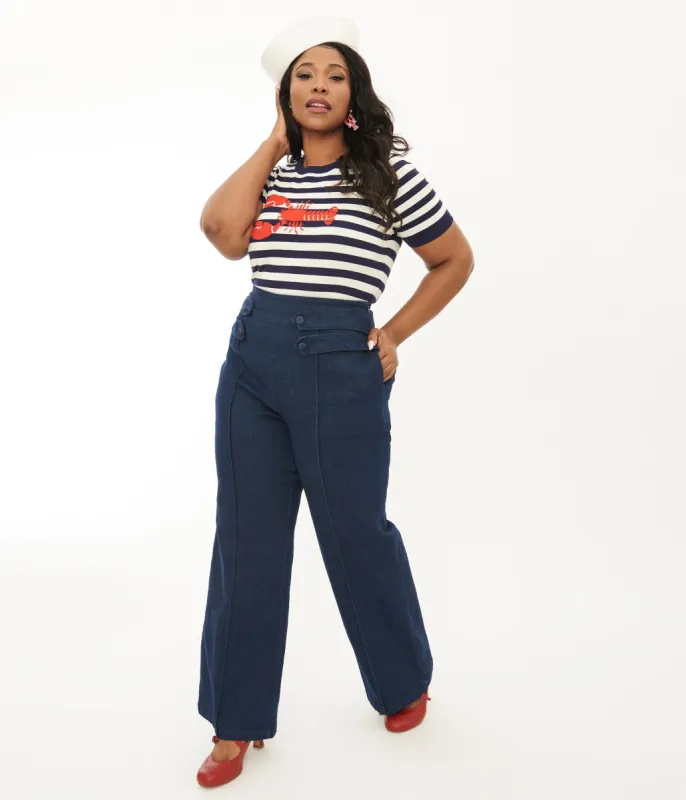 Unique Vintage Plus Size 1940s Denim High Waist Wide Leg Tab Pants sold by Unique Vintage