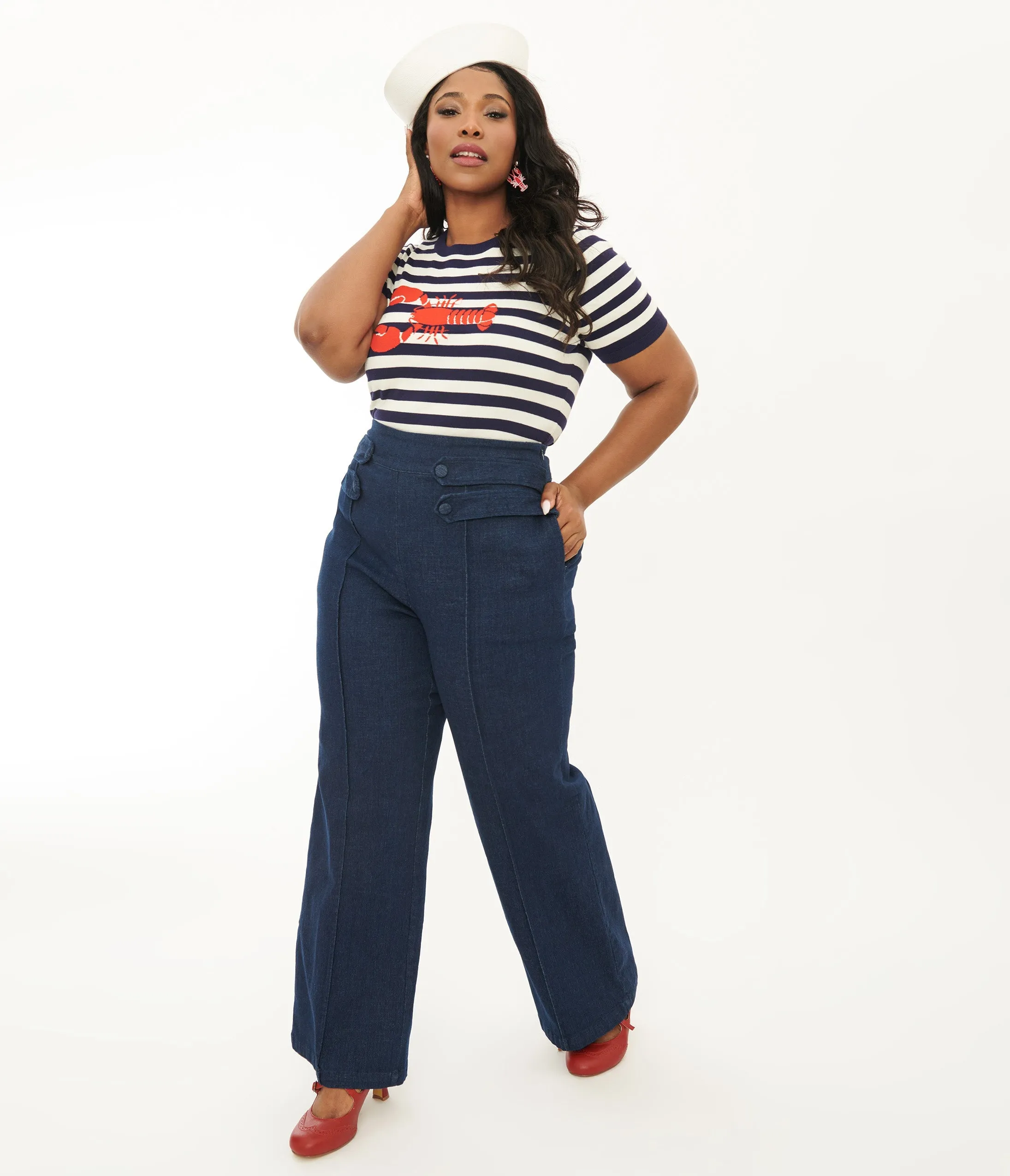 Unique Vintage Plus Size 1940s Denim High Waist Wide Leg Tab Pants sold by Unique Vintage