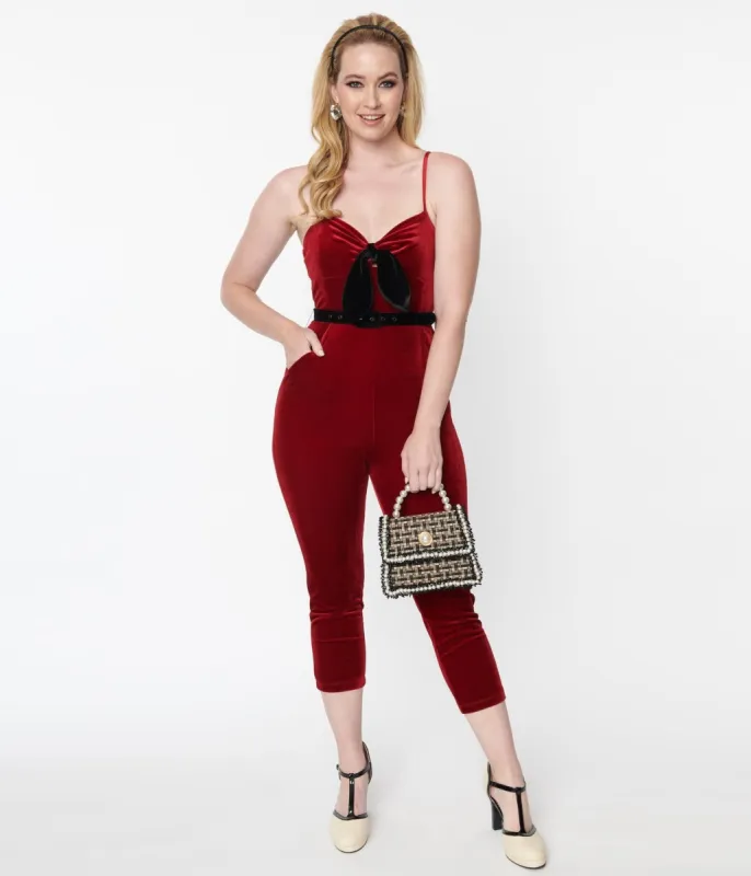 Unique Vintage Burgundy Velvet Cropped Jumpsuit sold by Unique Vintage