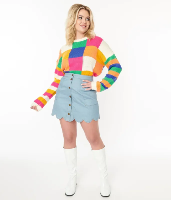 Smak Parlour 1970s Light Wash Denim Campus Mini Skirt sold by Unique Vintage