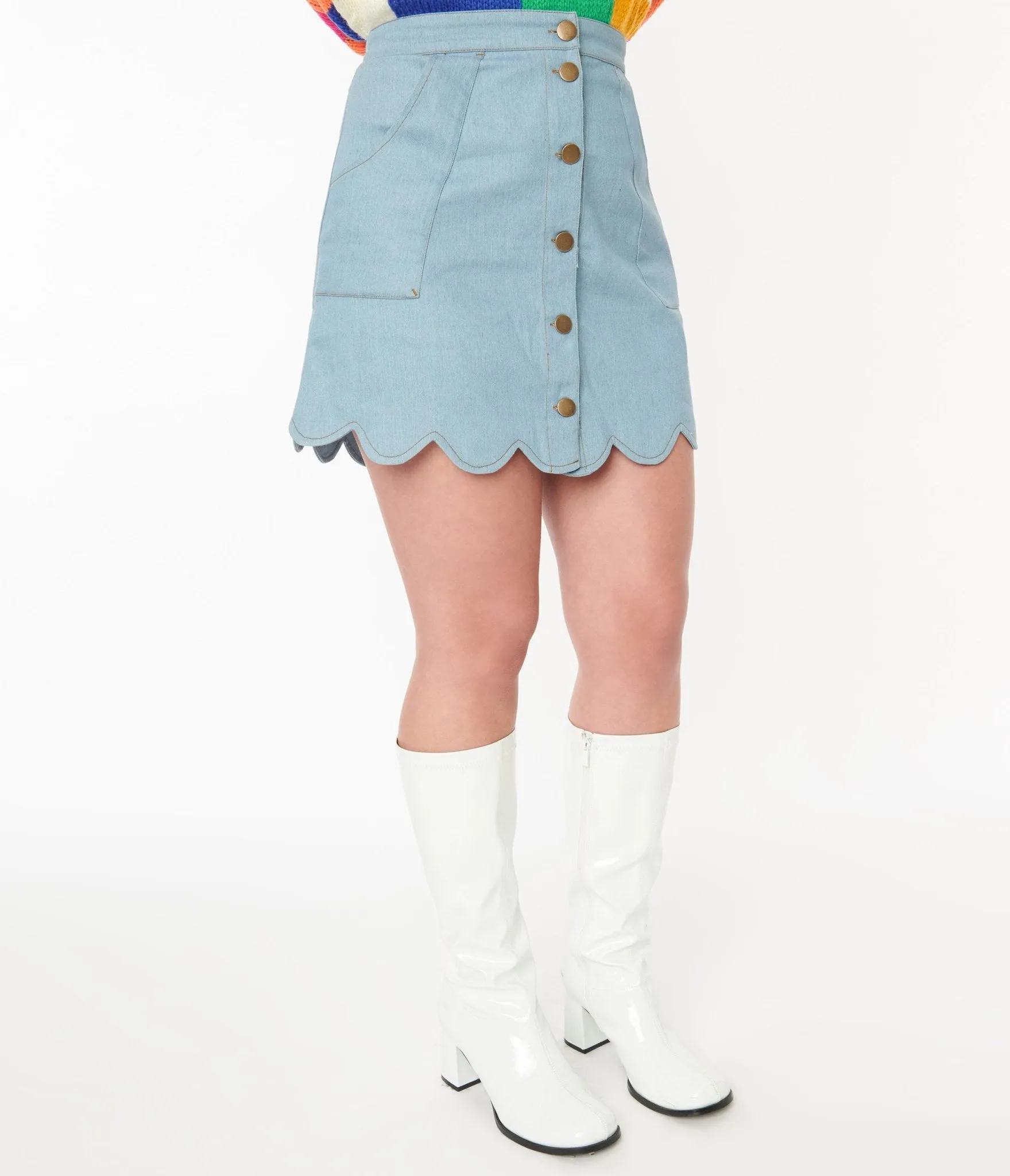 Smak Parlour 1970s Light Wash Denim Campus Mini Skirt sold by Unique Vintage product image thumbnail 2